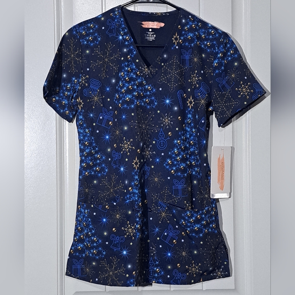 Elite Med Performance Blue and Gold Holiday Scrub Top Sz. S NWT